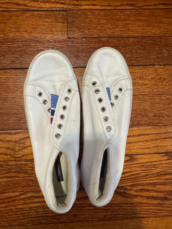 Tommy Hilfiger Shoes - Tommy Hilfiger White Slip-On Sneakers with Red & Blue Flag Detail